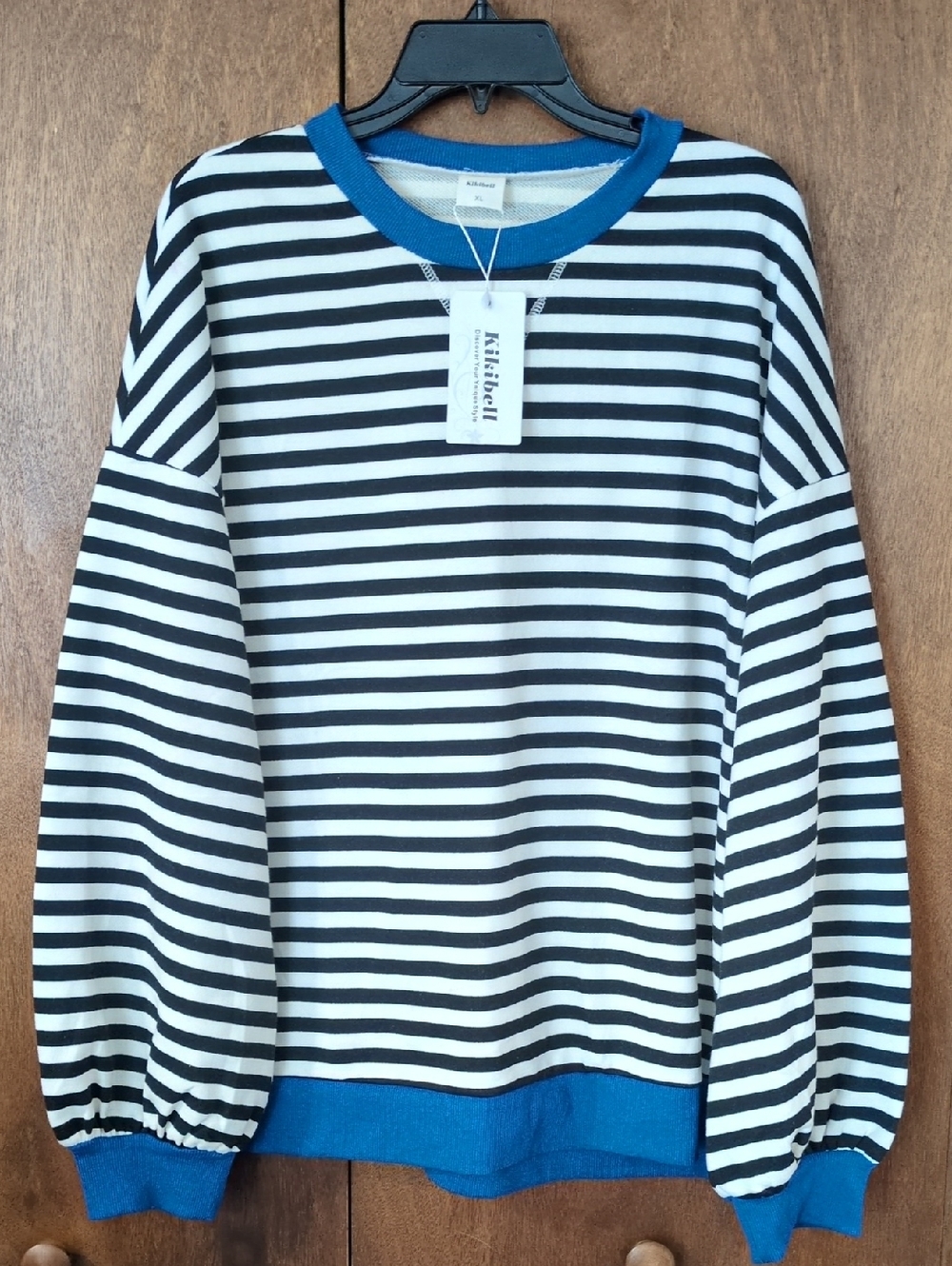 Kikibell Black & White Striped Sweatshirt with Blue Trim XL NWT
